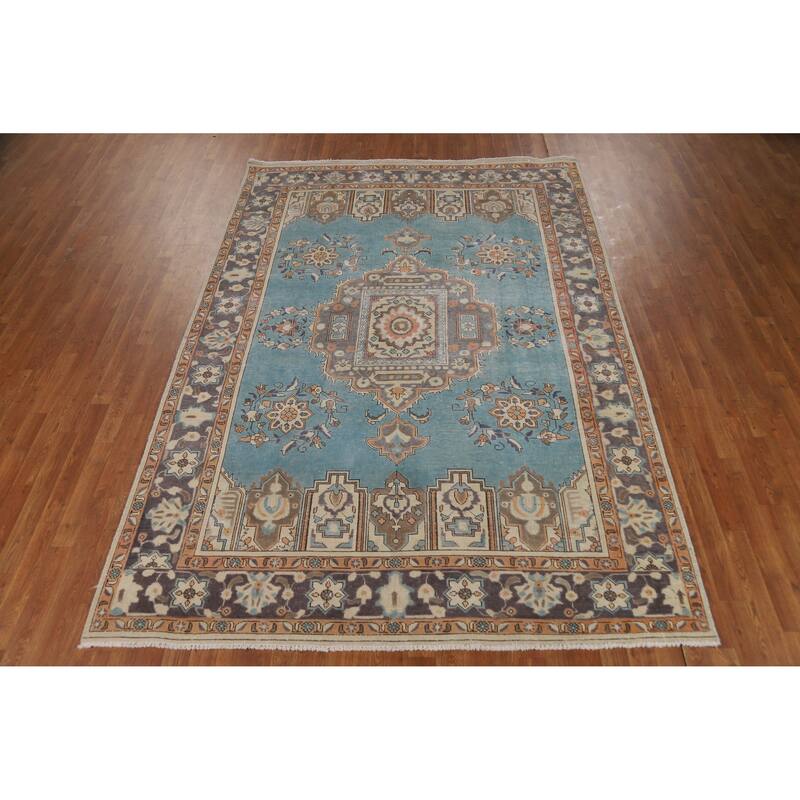 Geometric Blue Tabriz Persian Vintage Rug Hand-Knotted Wool Carpet - 6'7" x 9'7"