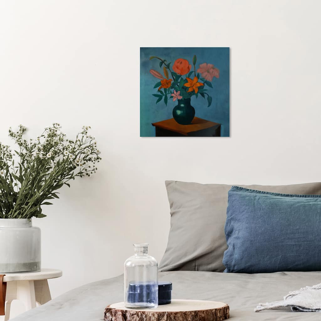 Wynwood Studio Canvas Floral and Botanical Hibiscus on a table Blue and Teal Traditional Wall Art Canvas Print - Blue, Red