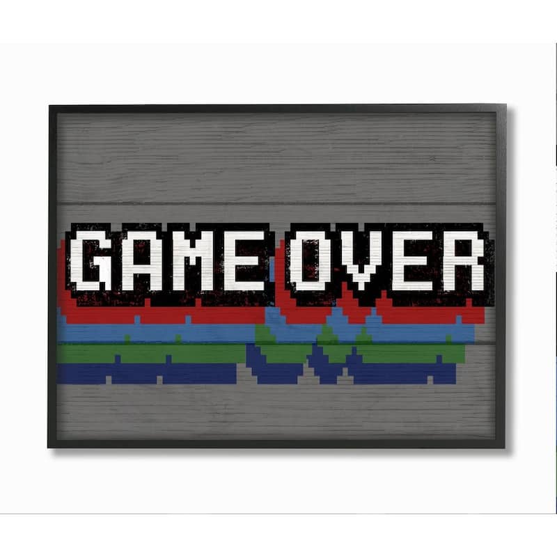 Stupell Retro Game Over Phrase Rustic Video Game Text Framed Wall Art - Grey