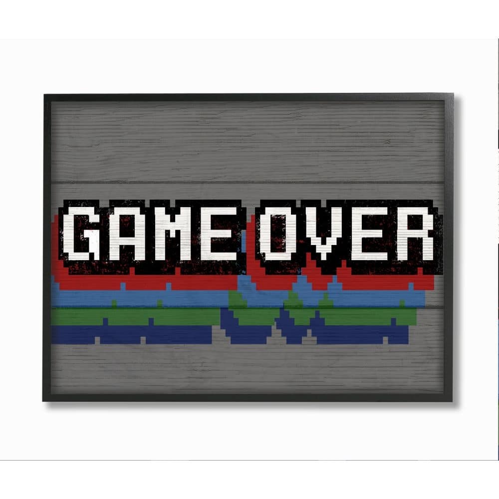 Stupell Retro Game Over Phrase Rustic Video Game Text Framed Wall Art - Grey