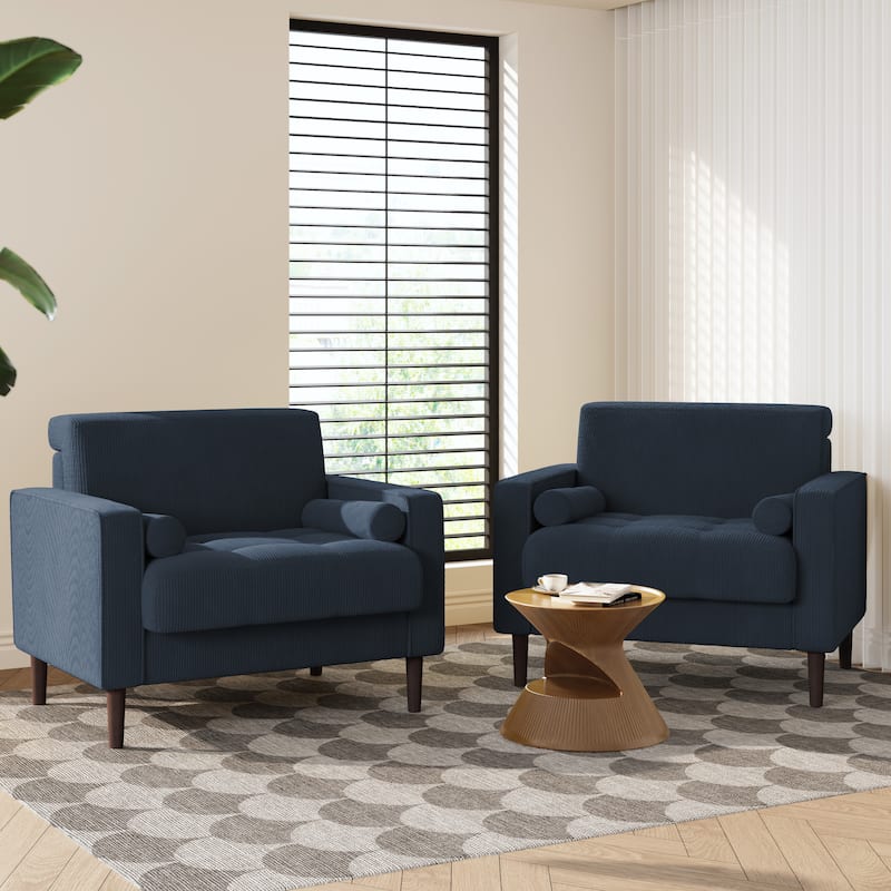 2 Pack Modern Corduroy Wide Armchair with Bolster Pillows - Navy Blue-2Pack