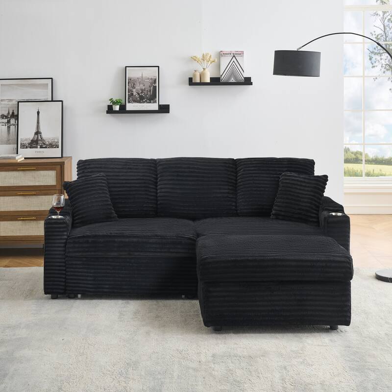 80" Corduroy Multi-Function Sofa with Hidden Reclining, Space Saving Design, Armrests, Cup Holders and Removable Footstool