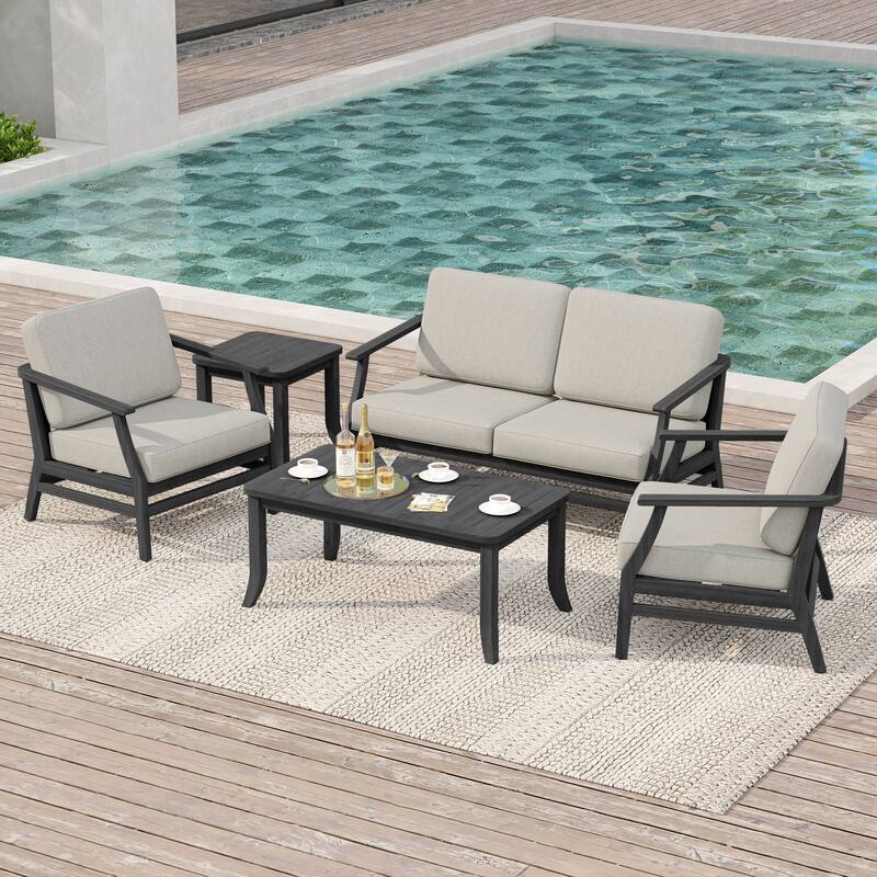 Large Outdoor Conversation Set with Patio Chairs, Loveseat, Tables - Dark Wood - Light Camel