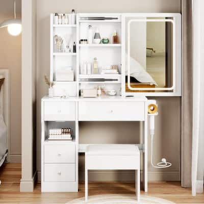 Left Drawer Makeup Vanity with LED Mirror and USB Power Station and Cushioned Stool