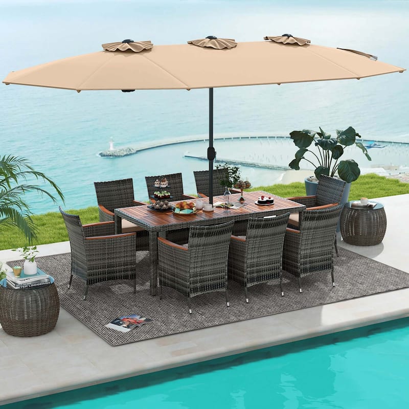 10 PCS Patio Wicker Dining Set Outdoor Furniture Set w/ Umbrella
