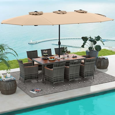 10 PCS Patio Wicker Dining Set Outdoor Furniture Set w/ Umbrella