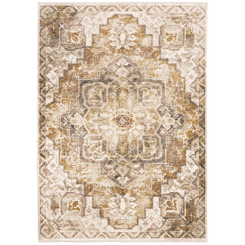 Style Haven Marley Distressed Medallion Fringed Area Rug - 9' 10" x 12' 10" - Gold/ Ivory - Rectangle