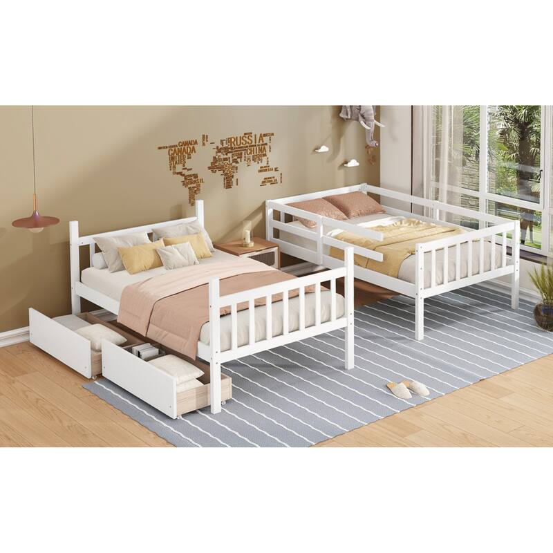 Roomfitters Twin Over Twin Rubber Wood Bunk Bed with Underbed Storage, Convertible to 2 Twin Beds, Ladder & Guardrails