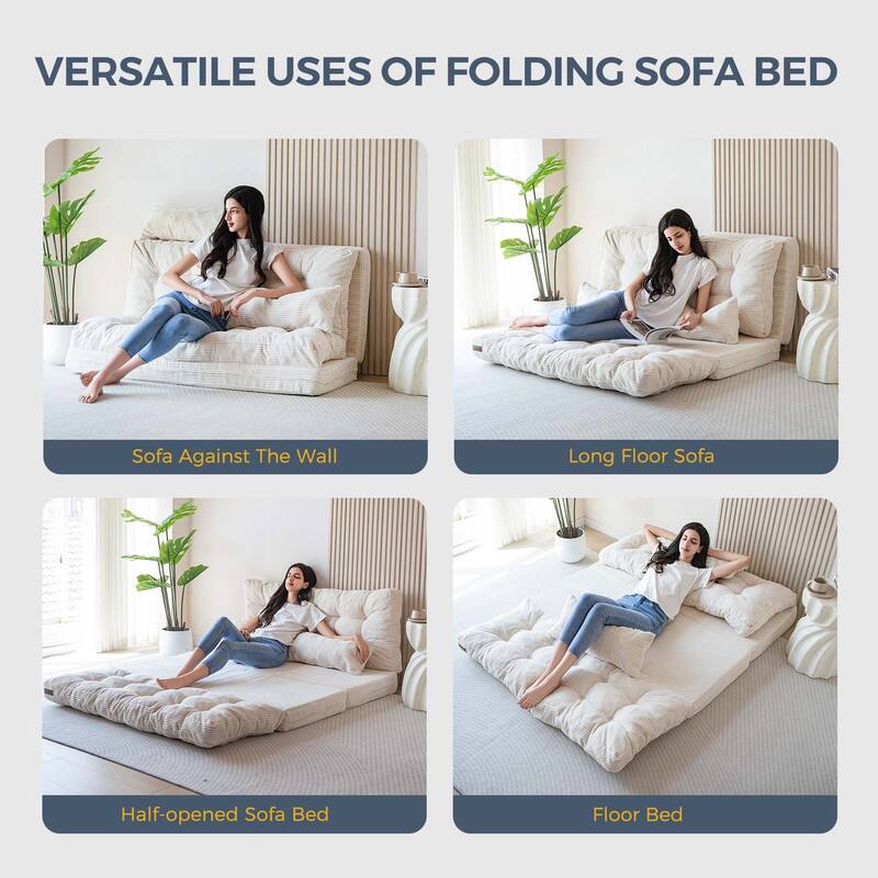 Corduroy Bean Bag Bed Tufted Folding Sofa Bed with Pillows