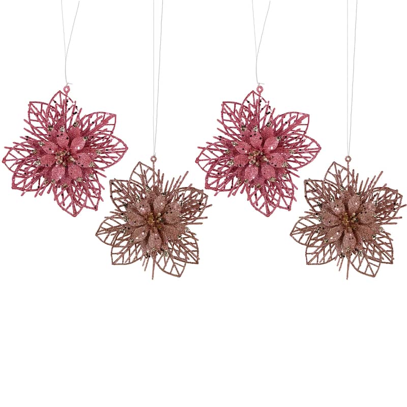 Pack of 4 Glittered Pink Poinsettia Christmas Ornaments 6"