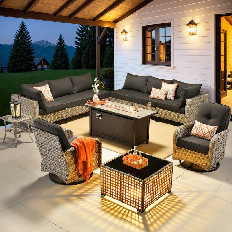 OVIOS 11 Pieces Outdoor Wicker Swivel Chair Set With Fire Table - Black