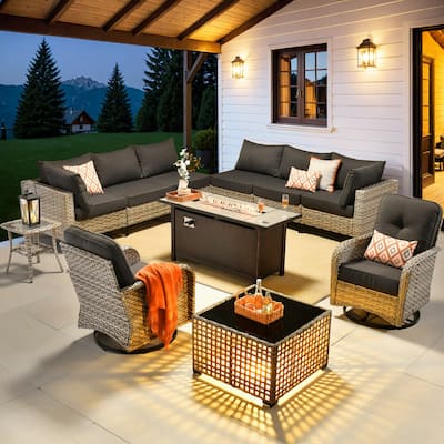 OVIOS 11 Pieces Outdoor Wicker Swivel Chair Set With Fire Table