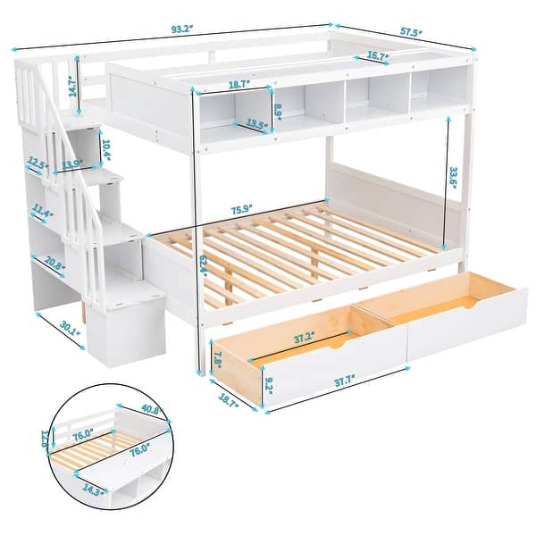 Twin Over Full Bunk Bed with Storage Shelves, Staircase, and Drawers, Space-Saving Design