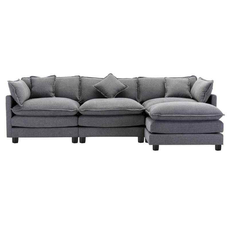 Grey 112.2" Modern L-Shaped 4 Seater Sectional Sofa with Removable Ottoman, 5 Plush Pillows, and Sturdy Frame