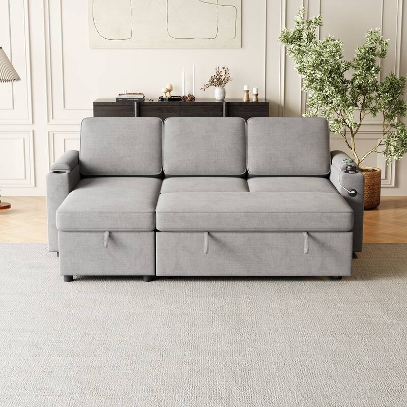 Sleeper Sofa with Storage, Cup Holder and USB Charging Port,Couch with Pull Out Bed, Daybed for Living Room Bedroom
