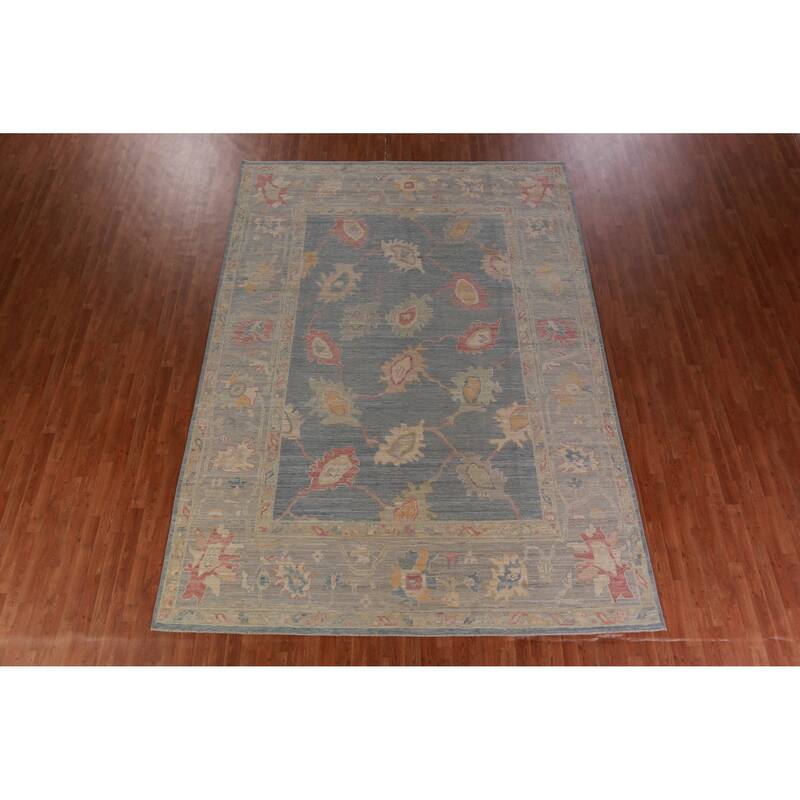 Hand Knotted Oriental 100% Wool Carpet Transitional All-Over Navy Blue & Blues Oushak Area Rug - 12' 5'' X 8' 11''