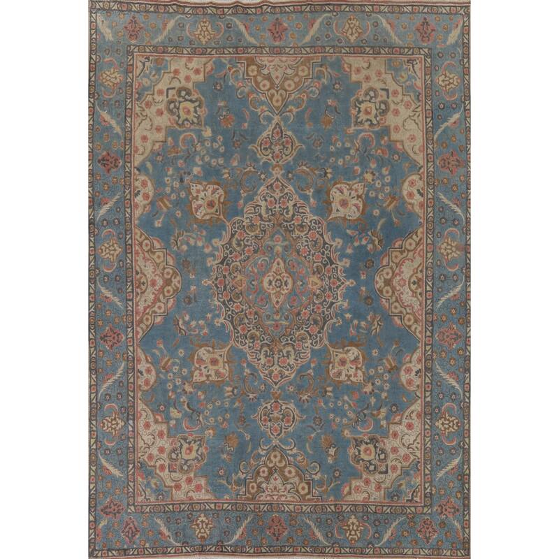 Distressed Blue Tabriz Persian Antique Area Rug Handmade Wool Carpet - 9'3" x 12'8"