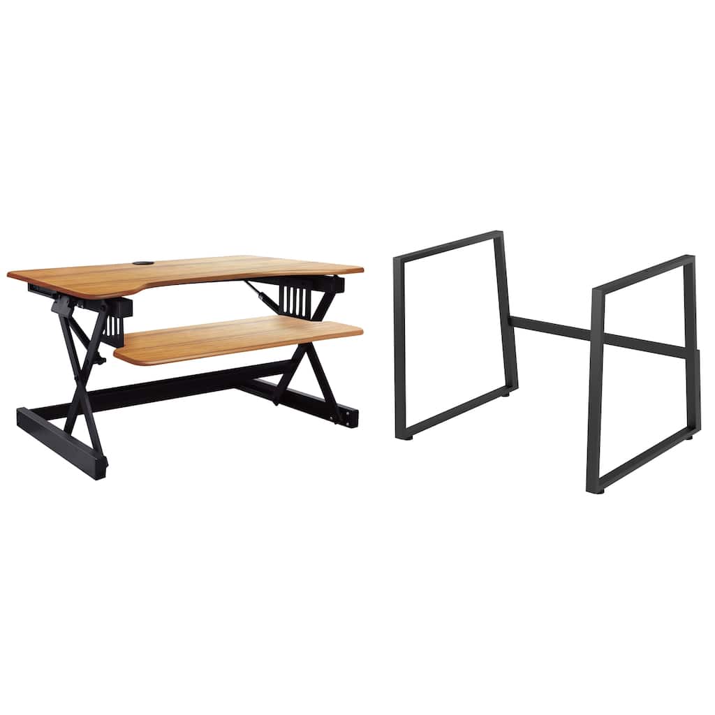 Rocelco 40 in.W Beige Height Adjustable Standing Desk Dual Monitor Riser Gas Spring Assist Computer Workstation Keyboard Tray