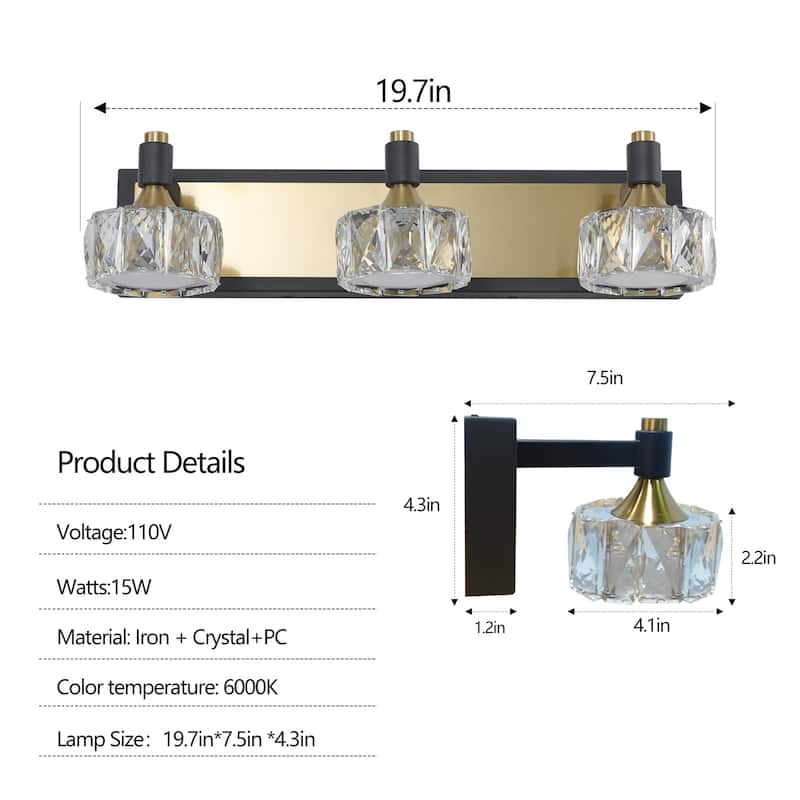LED 3-Light Modern Crystal Bathroom Vanity Light Over Mirror,Bath Wall Lighting Fixtures