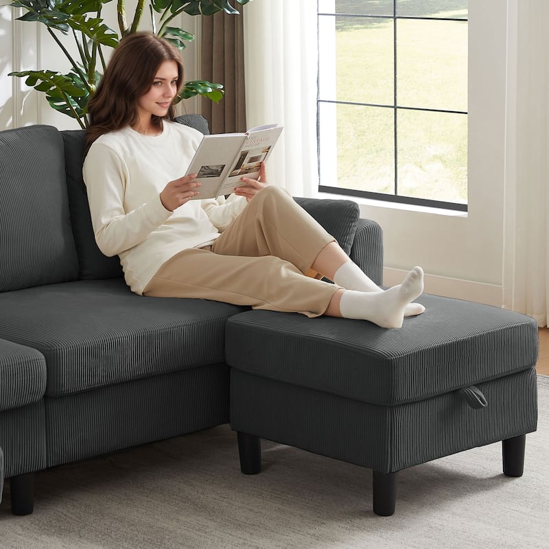 101'' Corduroy Upholstered Sectional Sofa With Storage Ottoman