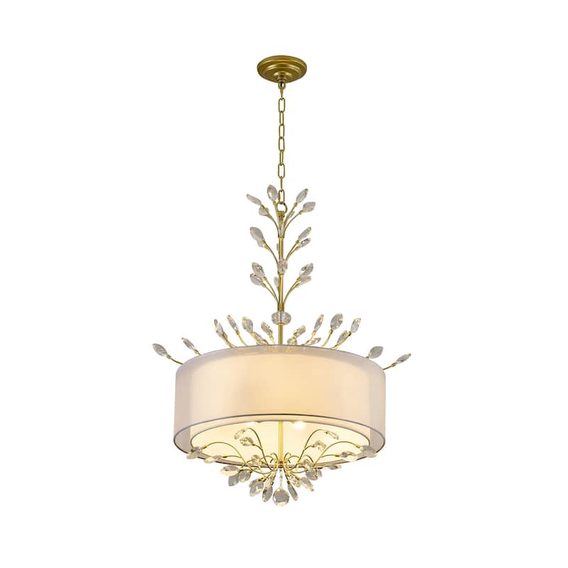 6-Light Aged Silver Branch Chandelier With A Fabric Shade And Crystals