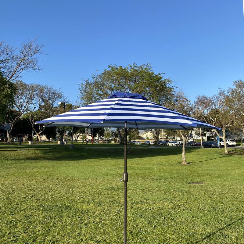 9 Feet Blue/White Strip Patio Umbrella with Tilt and Crank
