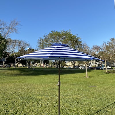 9 Feet Blue/White Strip Patio Umbrella with Tilt and Crank