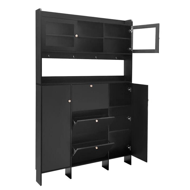 Hall Tree and Shoe Storage Bench with Flip Drawers and Doors