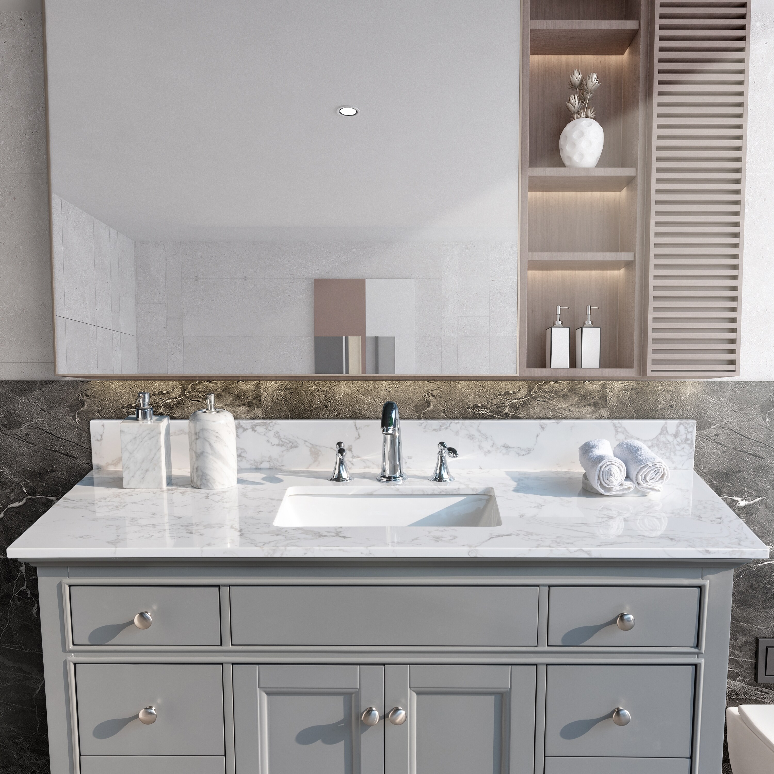 Montary 43 Inch Carrara White Engineered Stone Vanity Top with Matching Backsplash and Ceramic Undermount Sinks Bed Bath Beyond 42440492