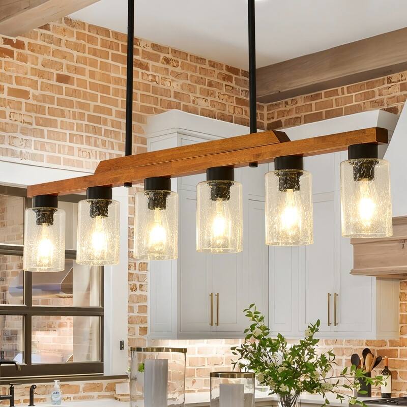 Farmhouse Chandelier for Dining Room Kitchen Island Rustic Wood Linear Pendant Light with Seed Glass Shade - 43.3