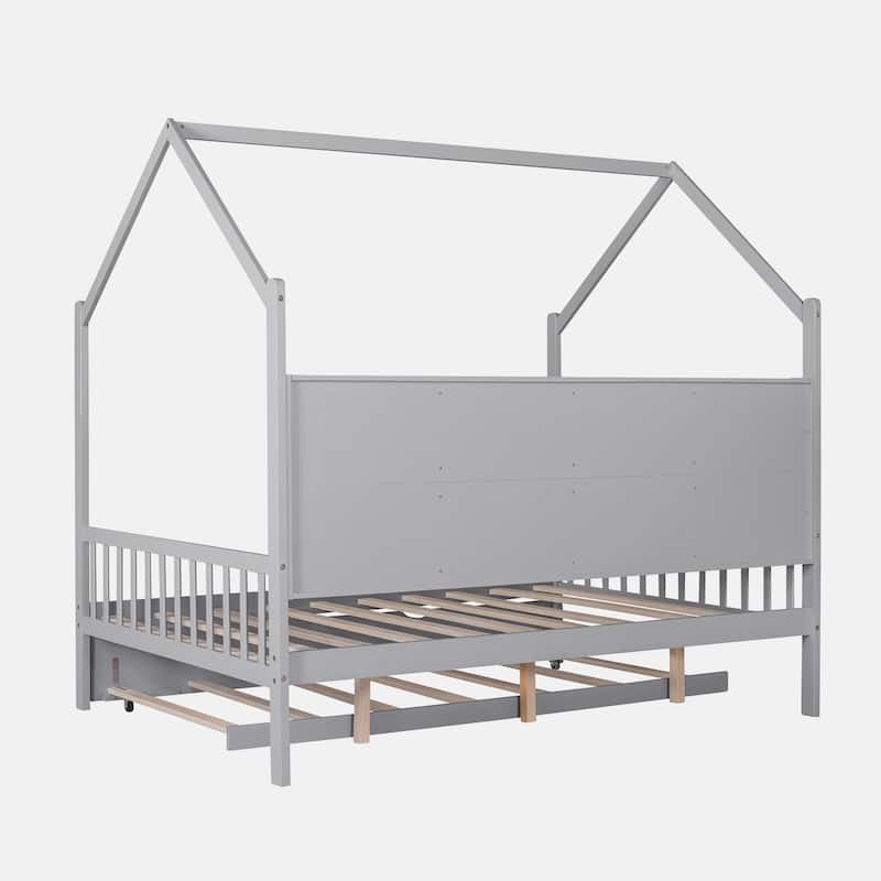 Wooden Twin Size House Bed with Trundle,Kids Bed with Shelf