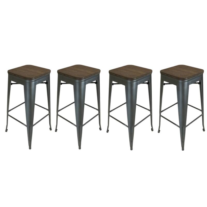 HomeRoots Set of Four 26" Brown and Gunmetal Solid Wood and Metal Backless Counter Height Bar Chairs