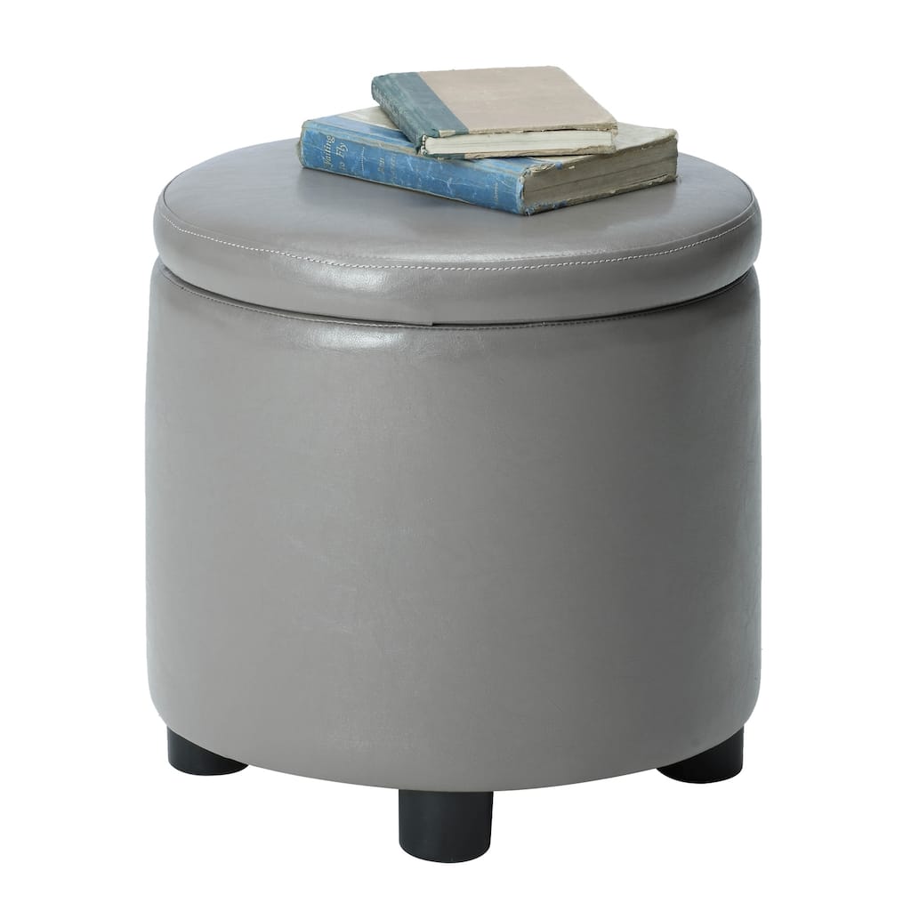 Contemporary Round Accent Storage Ottoman with Reversible Tray Lid for Small Spaces and Multipurpose Organization