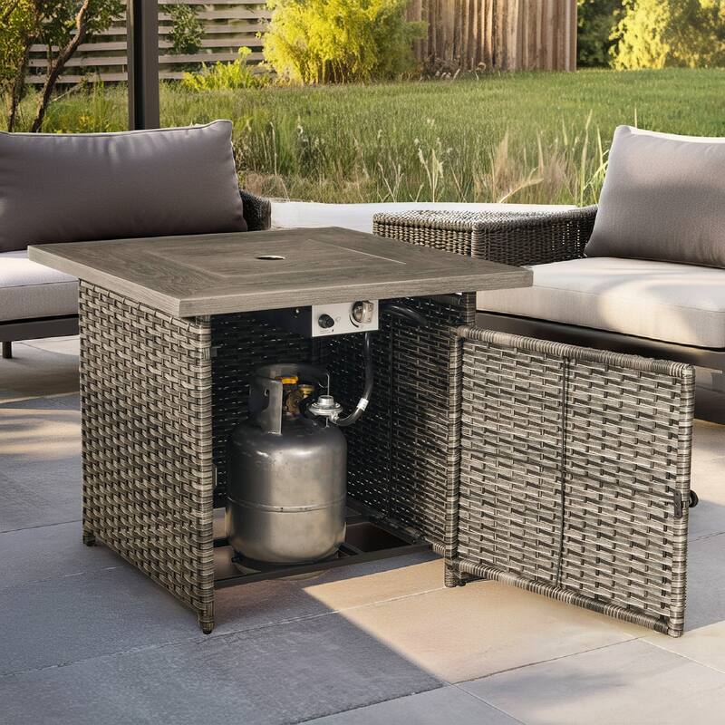 30 in. Square Brown Wicker and Metal Propane Gas Outdoor Fire Pit Table with Lava Rocks, 50000 BTU