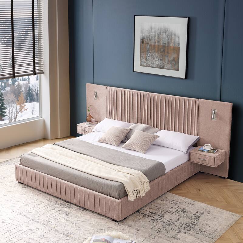 King Size Upholstered Bed Frame with Chenille fabric with pleated design,Grounded King Size Platform Bed