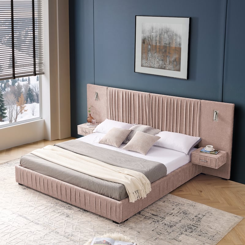 King Size Upholstered Chenille Grounded Bed with Headboard and Solid Frame