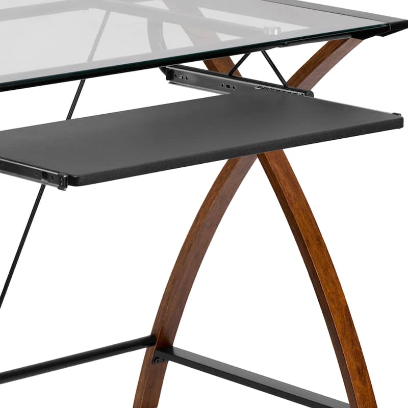 Modern Glass Top Computer Desk with Pullout Keyboard Tray On Sale