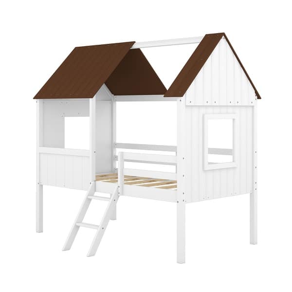 slide 2 of 14, Twin Low Loft House Bed with Windows, Stairs & Safety Rails Gray - Twin