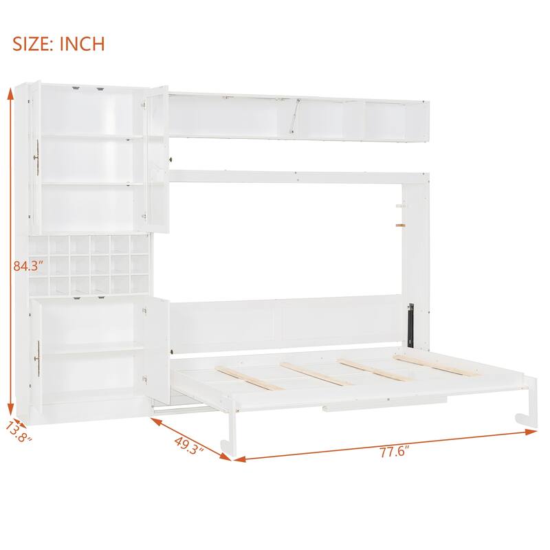 Wood Wall Murphy Bed Frame with Couch, USB and Light, Foldable Wall Platform Bed with All-in-One Storage Cabinet