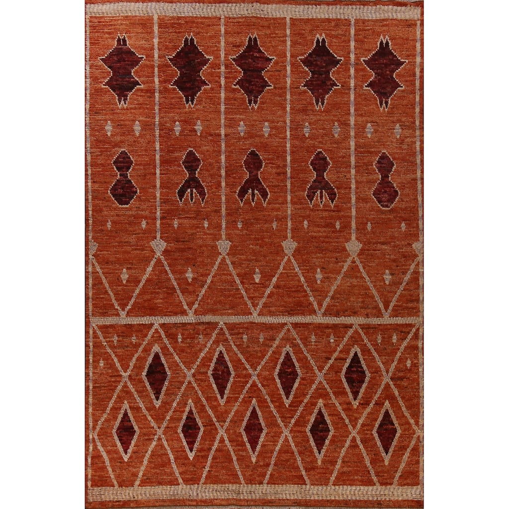 Geometric Orange Moroccan Oriental Large Rug Handmade Wool Carpet - 10'0" x 14'0"