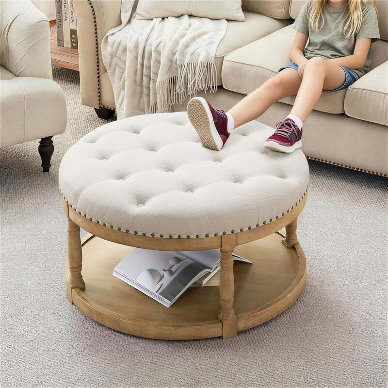 HUIMO 33in Round Upholstered Solid Wood Ottoman Coffee Table with Storage Shelf