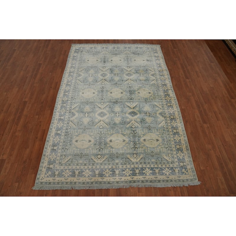 Hand-knotted Transitional Silk Carpet Blue Oushak Rug Geometric Oriental Area Rug - 9' 10'' X 6' 6''