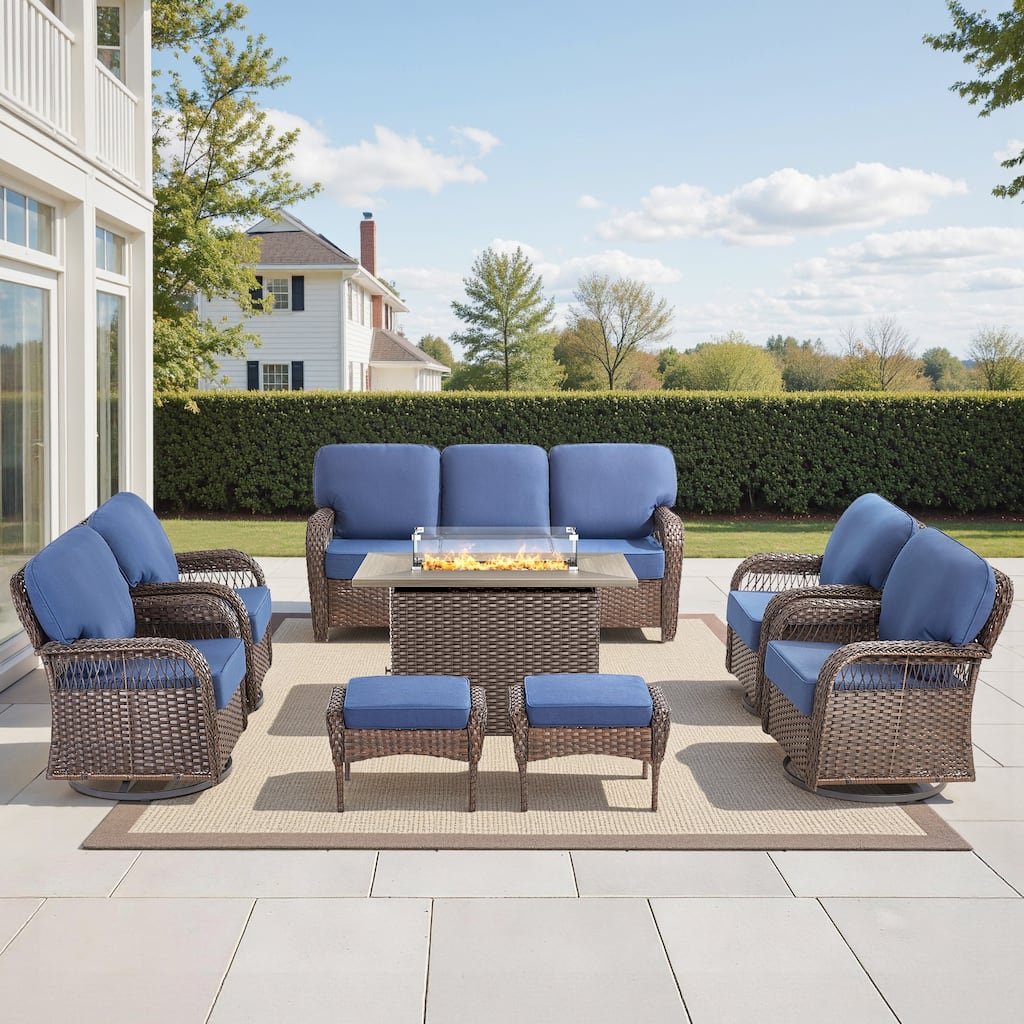 Pocassy Patio Sofa Ottoman Swivel Chair Table with Fire Table Set.