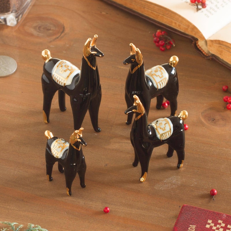 Handmade Black Llamas Of The Andes Glass Figurines (Set Of 4) Peru - 3.7" H x 1.2" W x 1.8" D