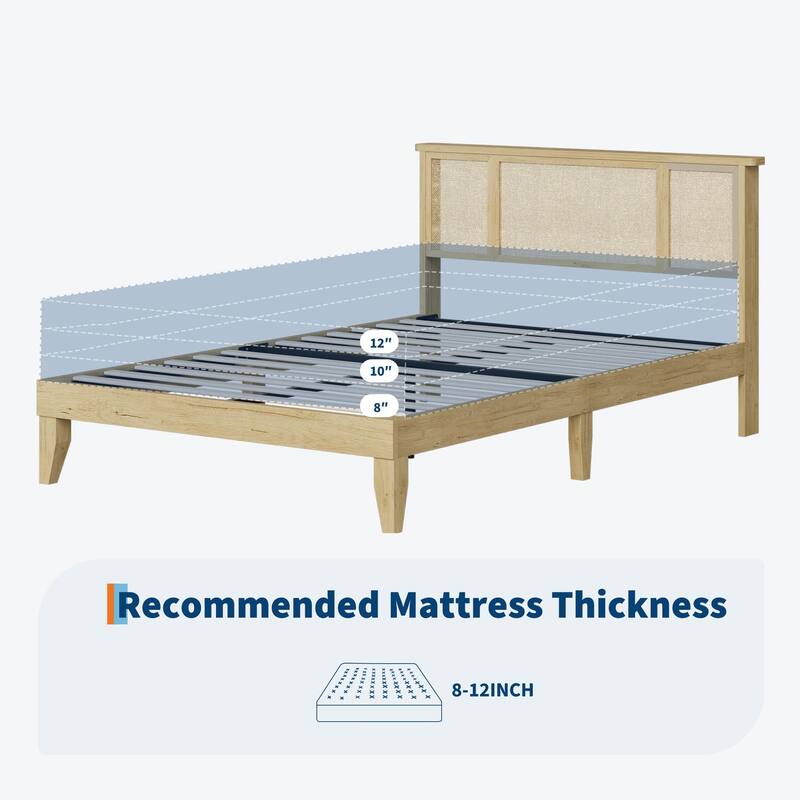 Boho Rattan Headboard Bed Frame with Under-Bed Storage, Sturdy Steel Base & Wooden Slats, No Box Spring Needed - No drawers - Queen