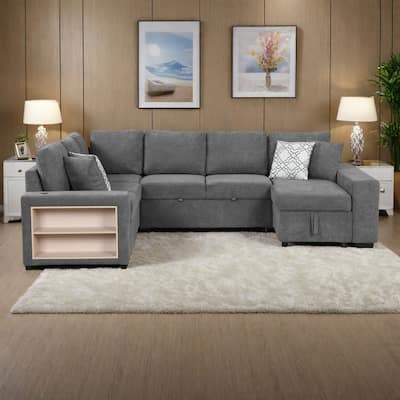 109" Chenille U-Shape 5-Seat Sectional Convertible Sofa with Storage Chaise and USB Ports