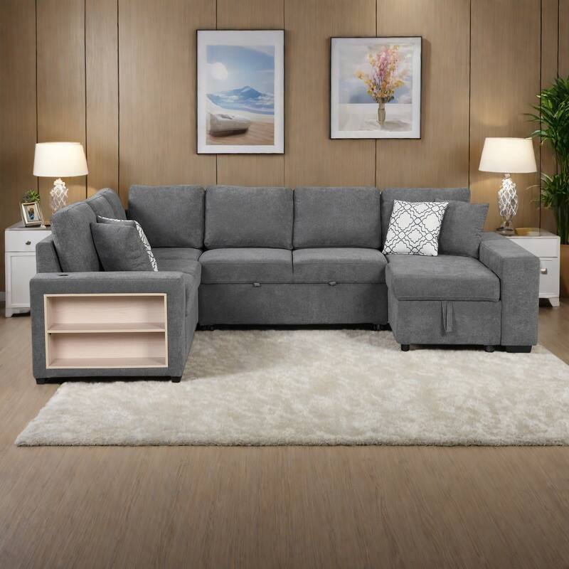 109" Chenille U-Shape 5-Seat Sectional Convertible Sofa with Storage Chaise and USB Ports