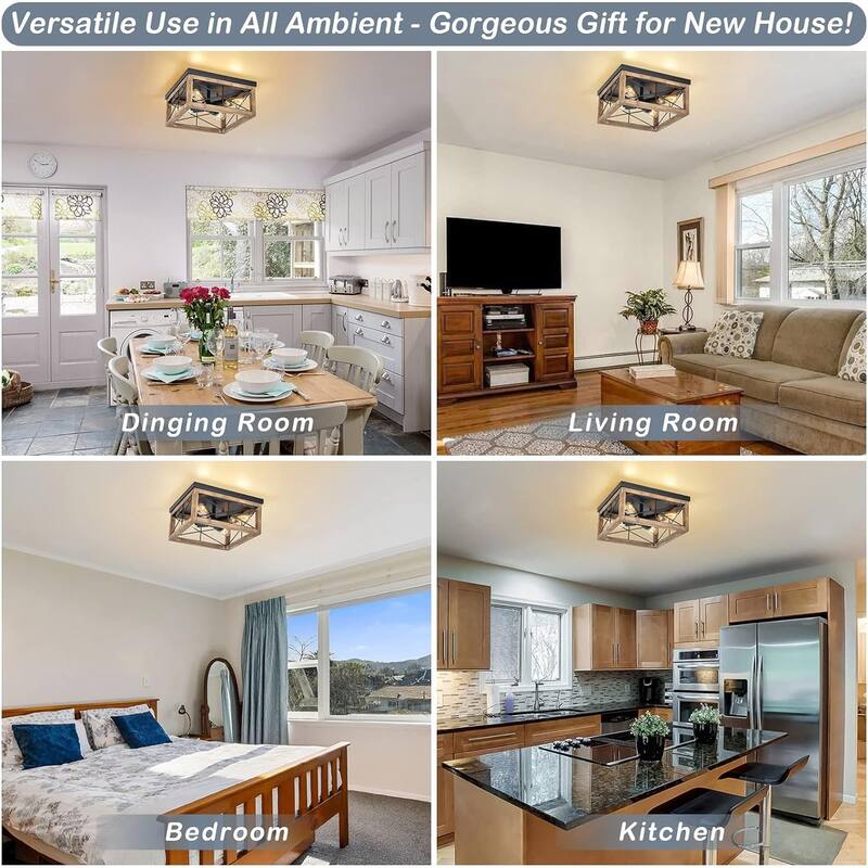 Rustic 4-Light Farmhouse Flush Mount Ceiling Lamp, Solid Wood and Metal Ceiling Fixture for Hallway or Living Room