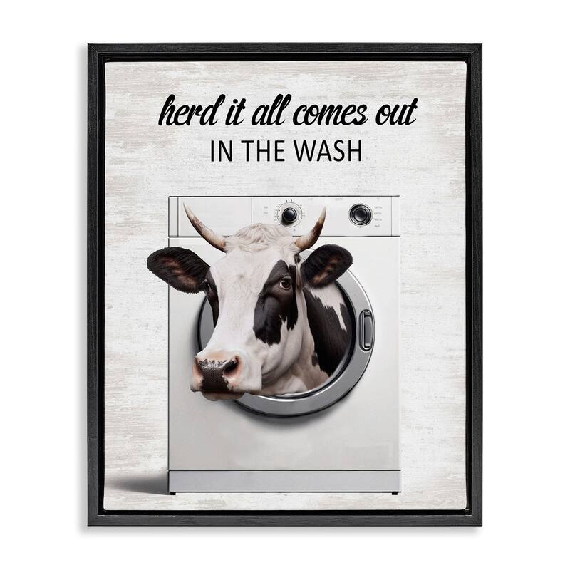Stupell Cow & Washing Machine Framed Floater Canvas Wall Art Design By Lettered and Lined - 17 x 21 - Black