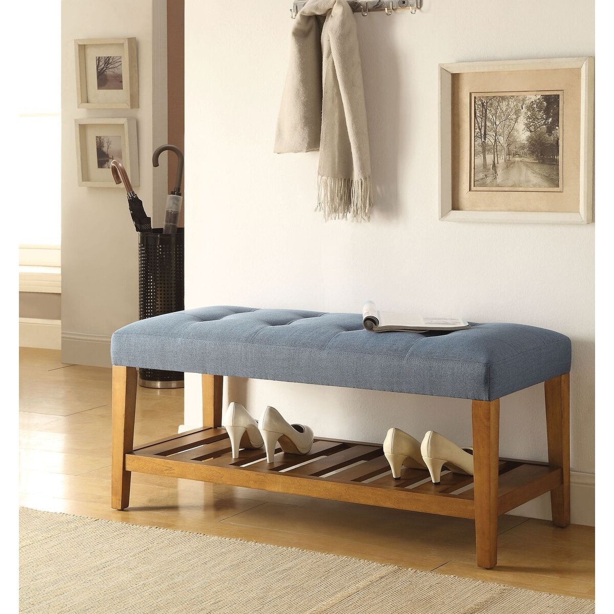 Casual style Upholstered Seat Bench in Blue & Oak for Hallway Living Room,  Blue